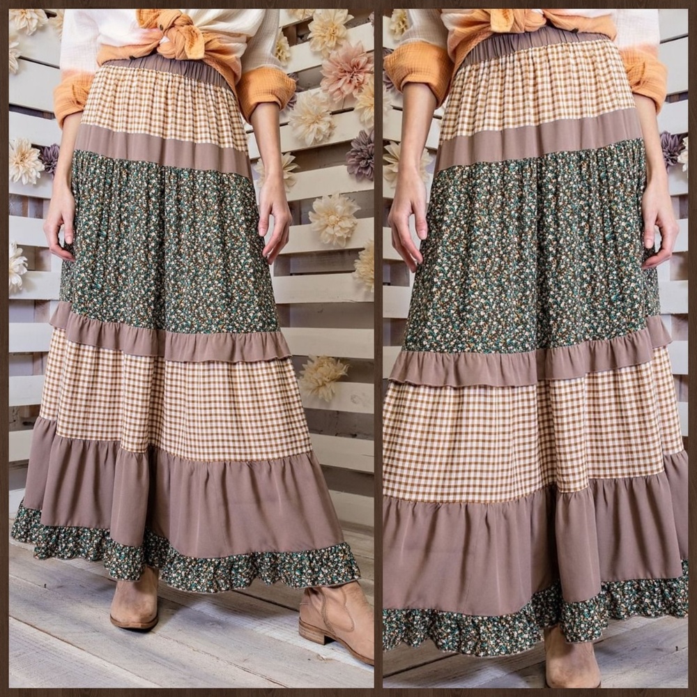EASEL "Mix & Match" Gingham & Floral Print Ruffle Trim Tiered Maxi Skirt & Dress - Picture 9 of 16